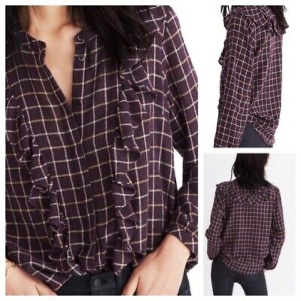 Madewell Plaid Ruffle Front Button Down